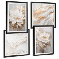 BILDER SET 4er Set - 50x50 cm & 40x60 cm Schwarzer Rahmen - Blumen, heller Hintergrund, Marmormuster - Schwarz, Kunststoff (50/50cm) - TULUP