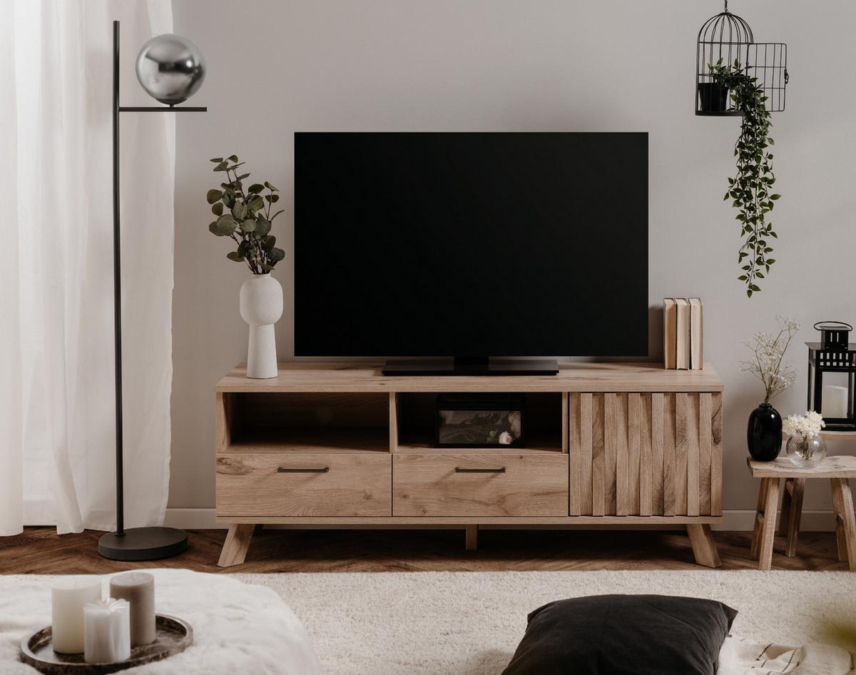 TV-LOWBOARD Eiche 140 cm, TV Unterteil mit 3D-Relief und Push-to-Open - Eichefarben/Messingfarben, Holzwerkstoff/Metall (140/50/40cm) - Furn.Design