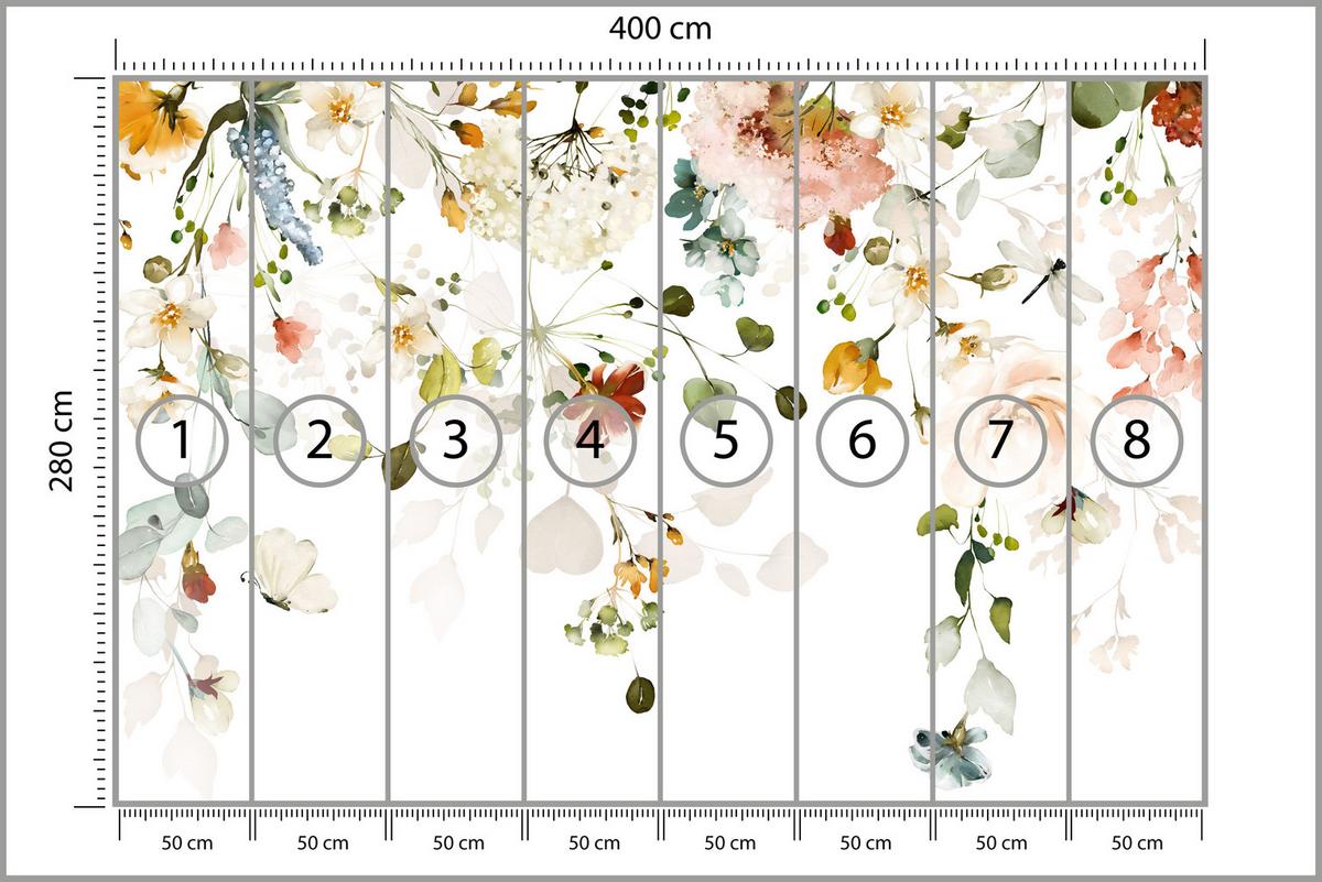 FOTOTAPETE für Schlafzimmer Bunte Zarte Blumen Blätter Pastell 400x280 - Ecru/Beige, Papier (400/280cm) - Muralo