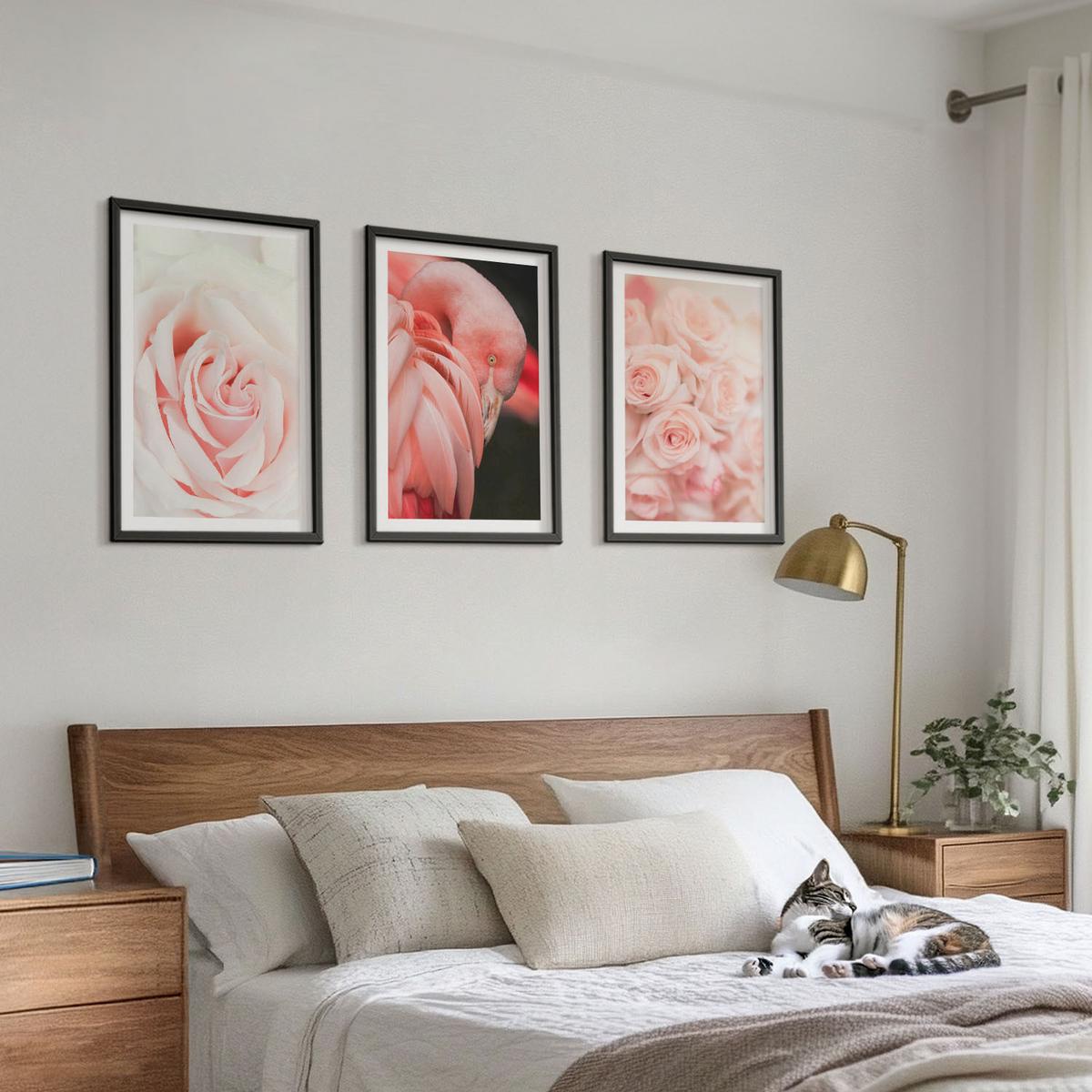 BILDER SET 3er Set - 40x60 cm Schwarzer Rahmen - Zartrosa Flamingos - Schwarz, Kunststoff (40/60cm) - TULUP