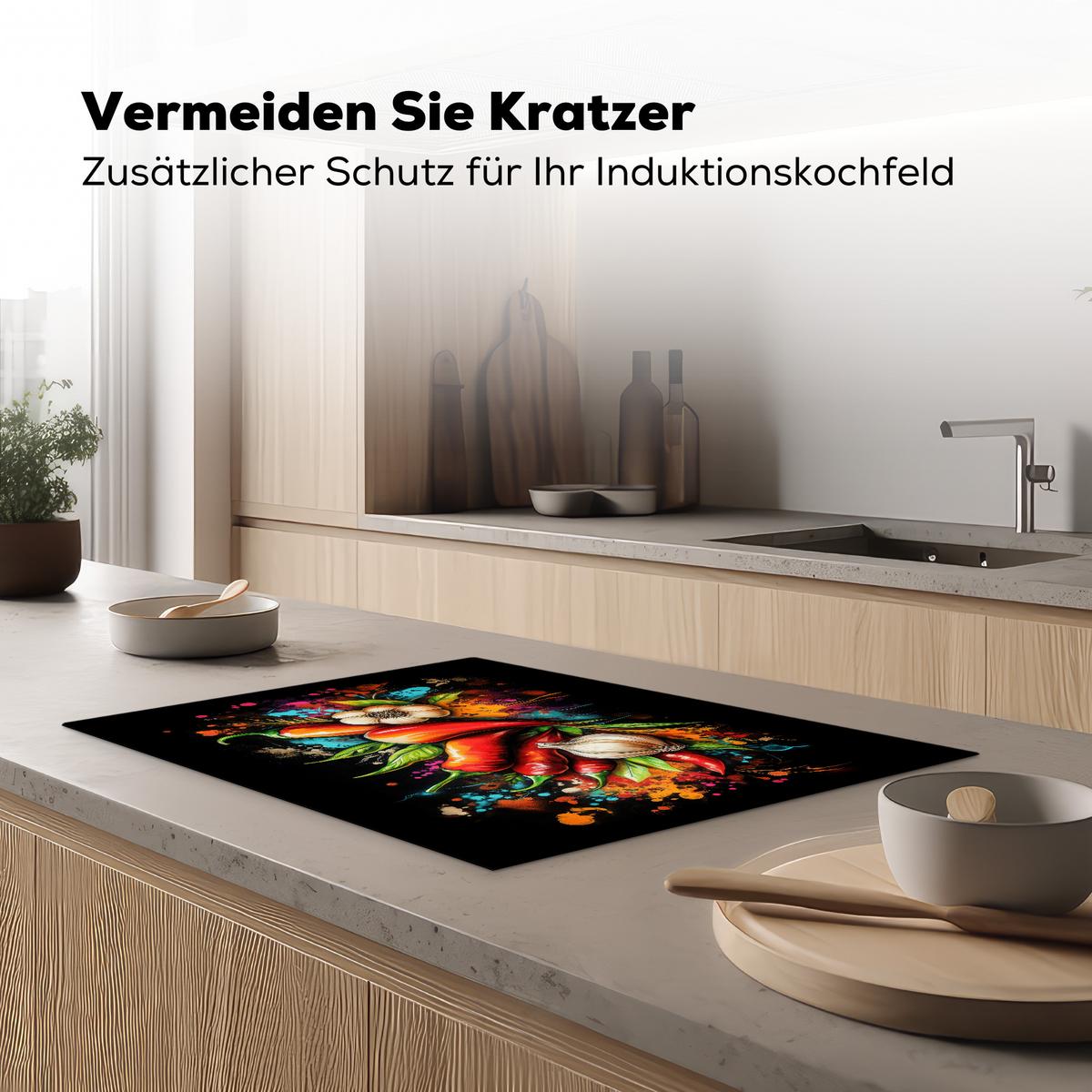 HERDABDECKPLATTE Gemüse - Paprika - Knoblauch - Graffiti - Farbe - Bunt Herdabdeckung Induktionsfeld 75x52 cm - Rot, Kunststoff (75/52/0.2cm) - MuchoWow