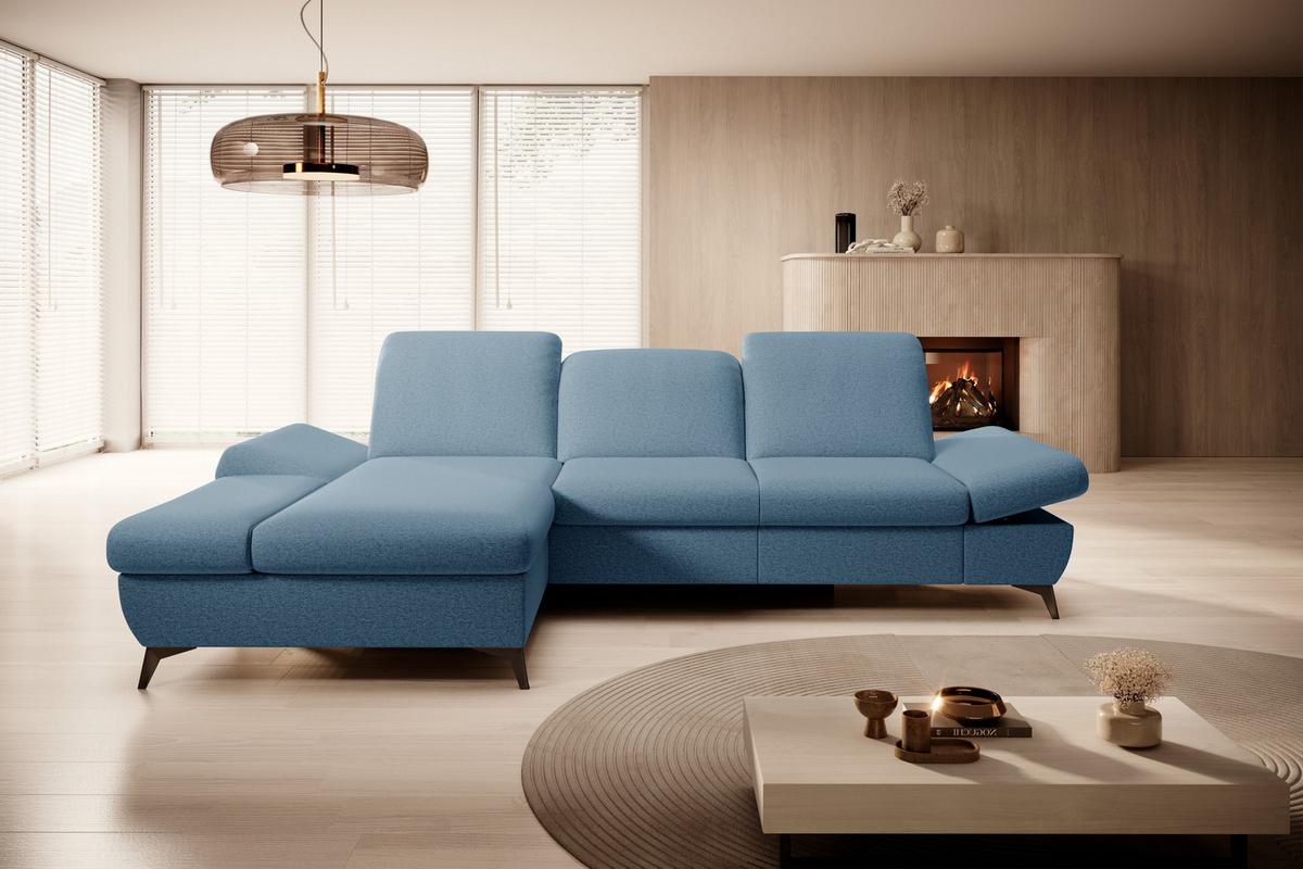 ECKSOFA FELICE L-S Blau Geflochtener Stoff mit Schlaffunktion - Hellblau, Holz (284/166cm) - MASSENO