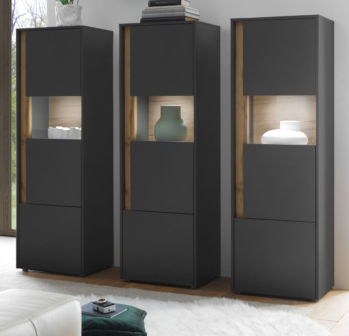 VITRINEN-SET 3-teilig grau matt, Wotan Eiche, Wohnkombination 3 x Vitrine, 190 x 155 cm - Anthrazit/Eiche Wotan, Holz/Holzwerkstoff (190/155/40cm) - Furn.Design