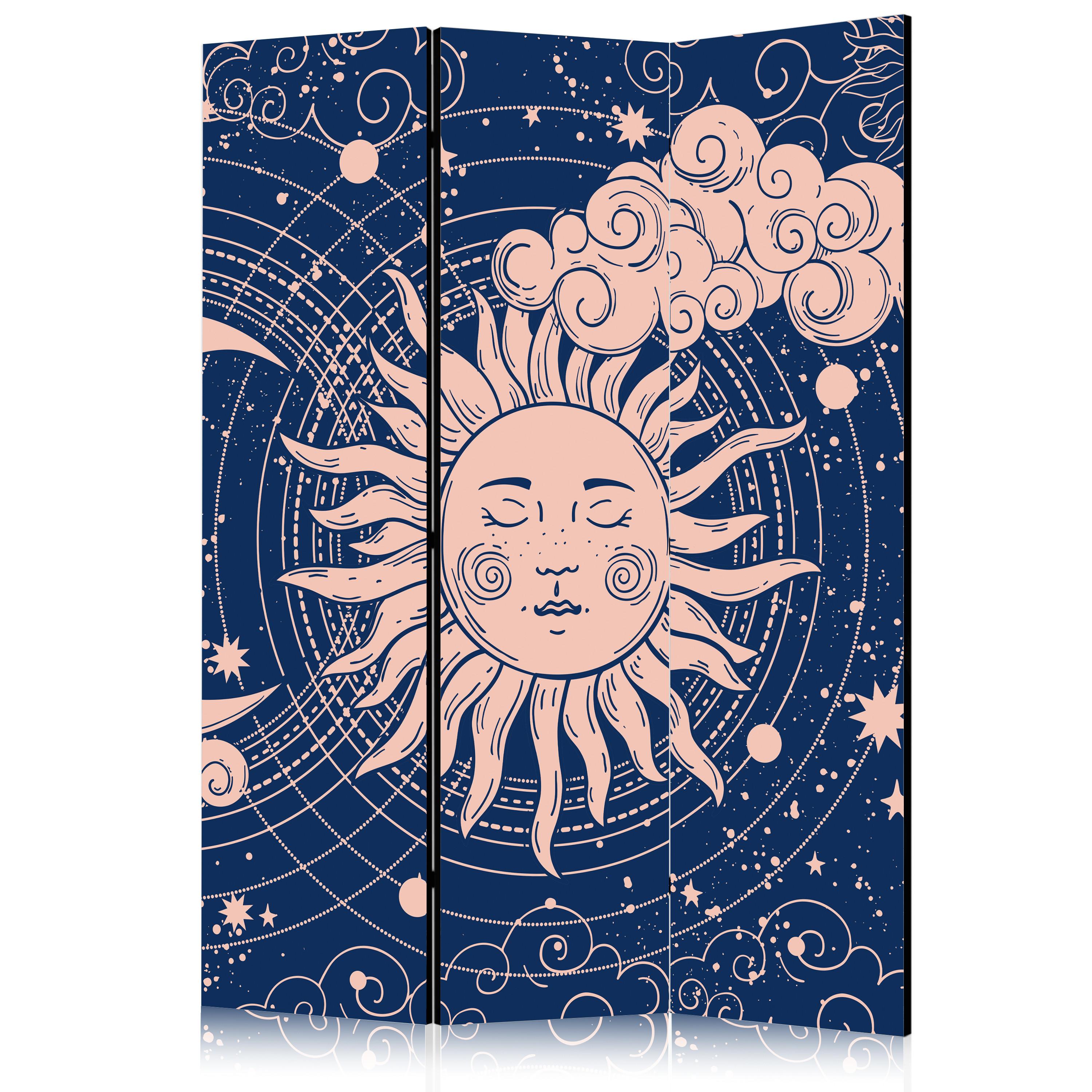 PARAVENT Einseitig Bedruckter 3-tlg 135x172 cm Sonne Wolken Mond Boho - Blau, Holz/Textil (135/172/3cm) - Muralo