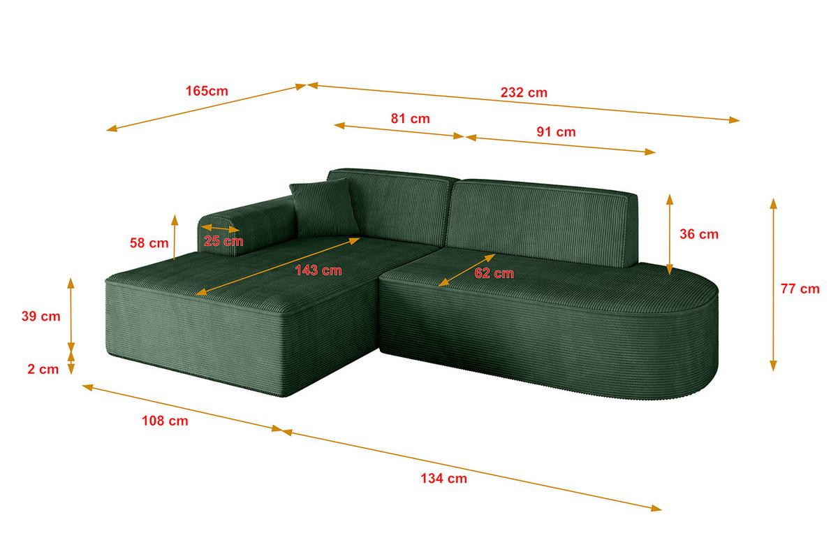 ECKSOFA Ottomane Links IREA-L1-v3 - 232x165x77 cm Grün - Currygelb, Holzwerkstoff/Textil (232/165cm) - ALTDECOR