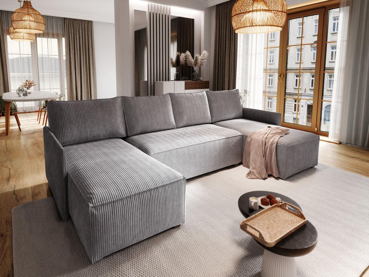 WOHNLANDSCHAFT TRES Grau Kordstoff mit Schlaffunktion - Grau, Holz/Kunststoff (271/85/140cm) - MASSENO