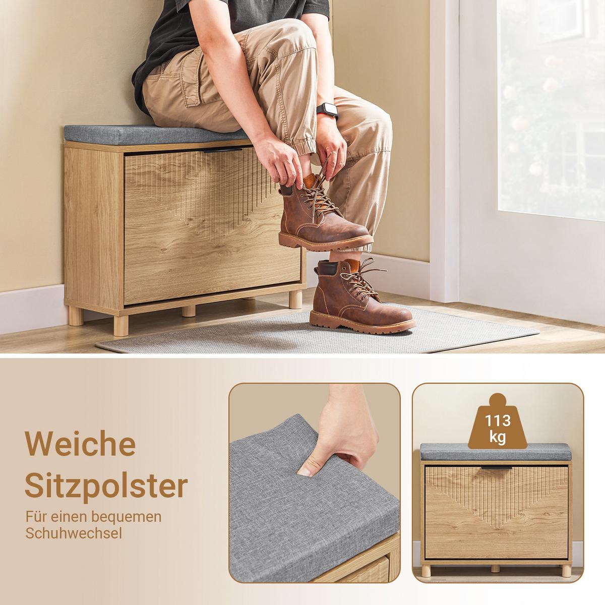 SCHUHBANK mit Sitzfläche, Natur+Grau - Naturfarben, Holzwerkstoff (60/50/24cm) - SoBuy