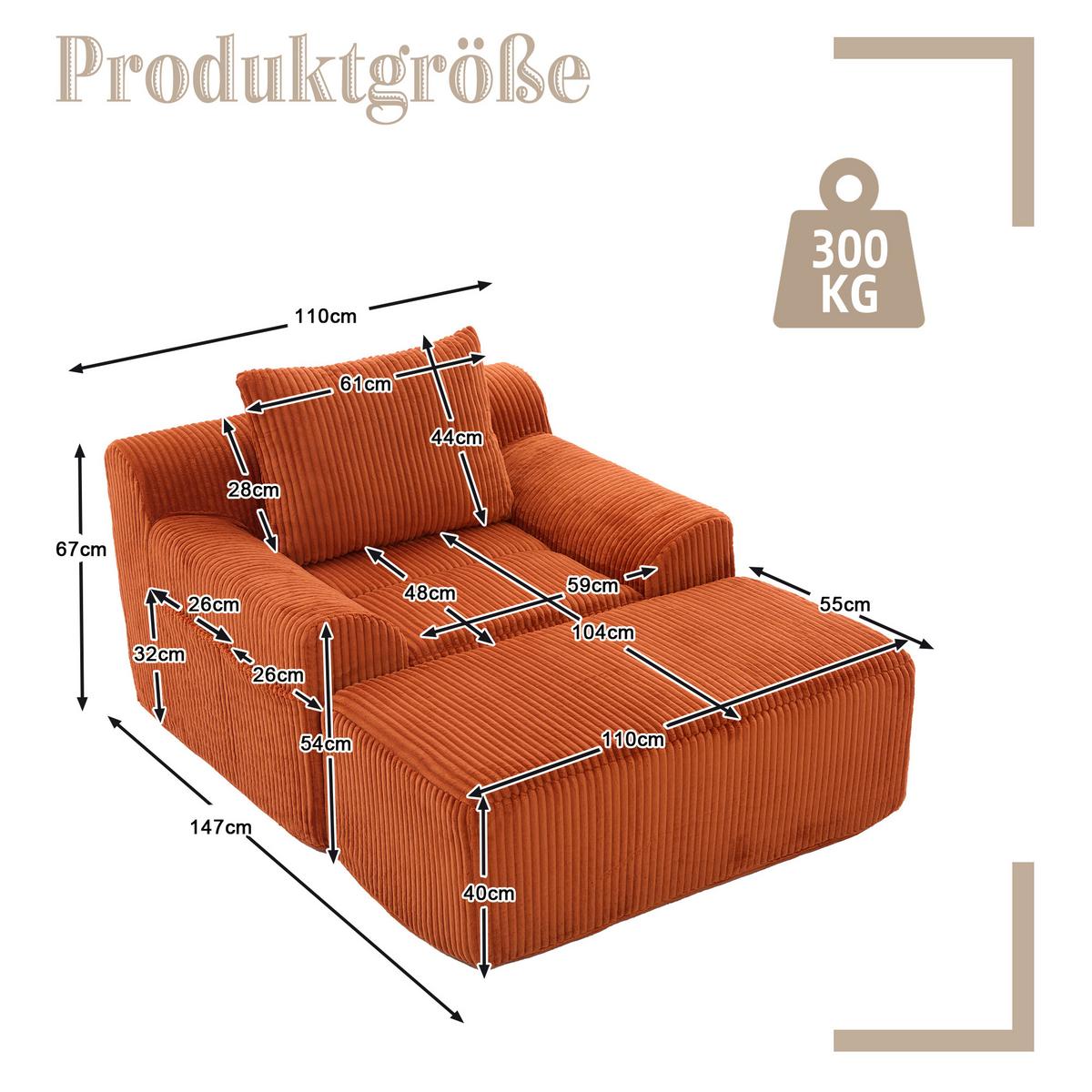 SESSEL mit Hocker in Cord Übergroßer Relaxsessel - Orange, Textil (110/67/147cm) - Urban Meuble