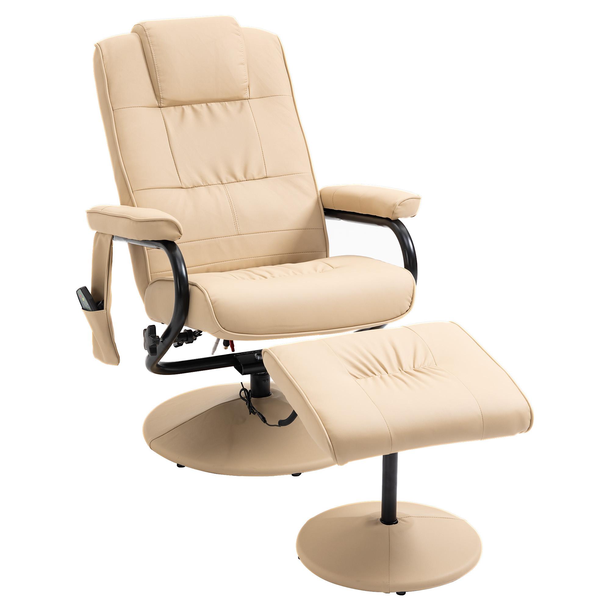 MASSAGESESSEL mit Hocker, Relaxsessel mit Liegefunktion, Massagefunktion, Creme - Creme/Schwarz, Leder/Kunststoff (84/95/77cm) - HOMCOM