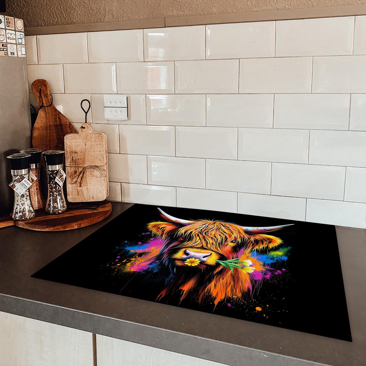 HERDABDECKPLATTE Schottischer Highlander - Graffiti - Bunt - Blume - Tiere Herdabdeckung Induktionsfeld 70x52 cm - Multicolor, Kunststoff (70/52/0.2cm) - MuchoWow
