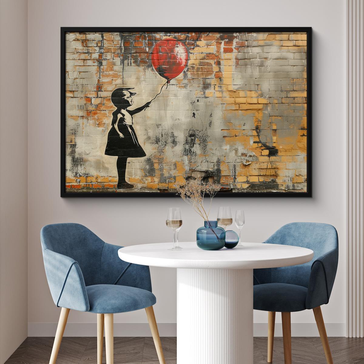 POSTER MIT RAHMENGERAHMTES BILD Graffiti - Banksy - Mädchen - Straßenkunst 120x80 cm - Sandfarben, Papier (120/80cm) - MuchoWow