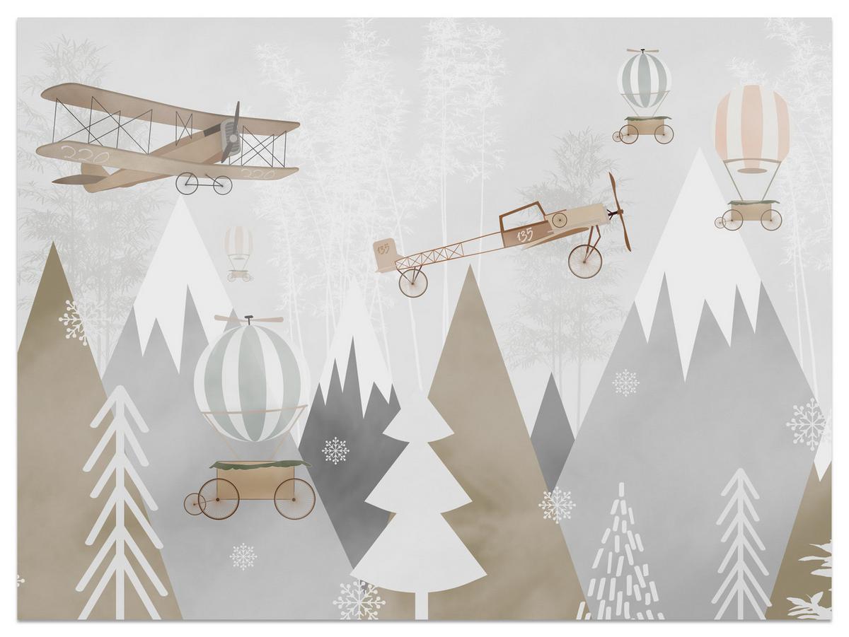 FOTOTAPETE für Kinderzimmer Flugzeuge Bergen Bäume 150x105 - Beige/Braun, Papier (150/105cm) - Muralo
