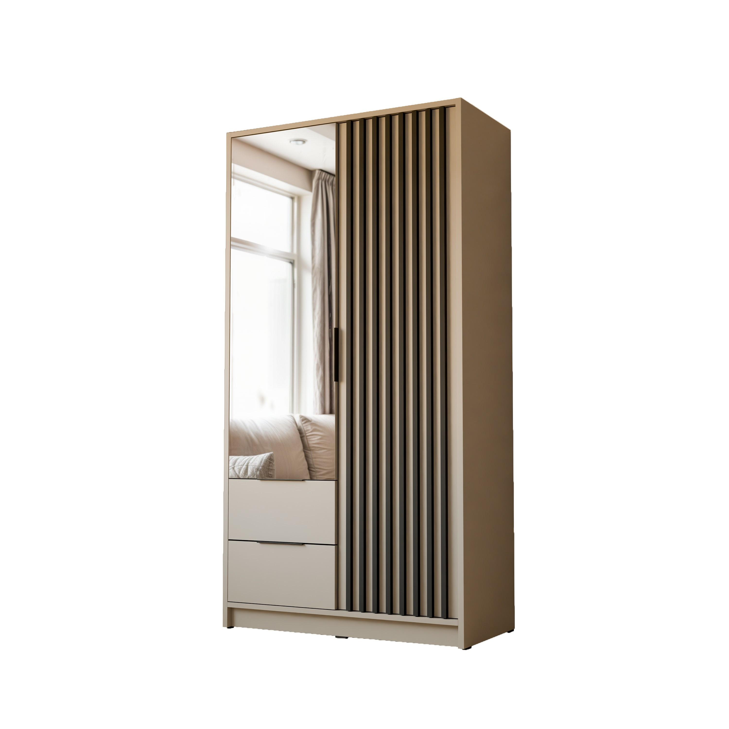 KLEIDERSCHRANK NELA, zweitürig mit Lamellen und Spiegel, 105 cm, Kaschmir/Schwarz - Kaschmir, Holzwerkstoff (105/200/51cm) - Lookway