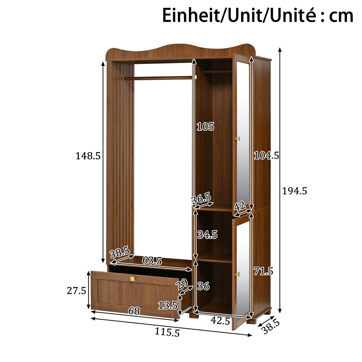 GARDEROBENSCHRANK in walnuss-optik mit spiegel & kleiderstange - Walnussfarben, Holzwerkstoff (115.5/194.5/38.5cm) - Urban Meuble