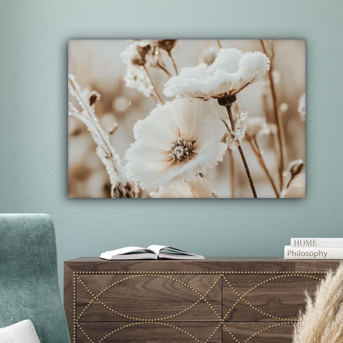 LEINWANDBILD Blumen - Winter - Weiß - Schnee - Beige Gemälde 60x40 cm - Creme, Textil (60/40cm) - MuchoWow