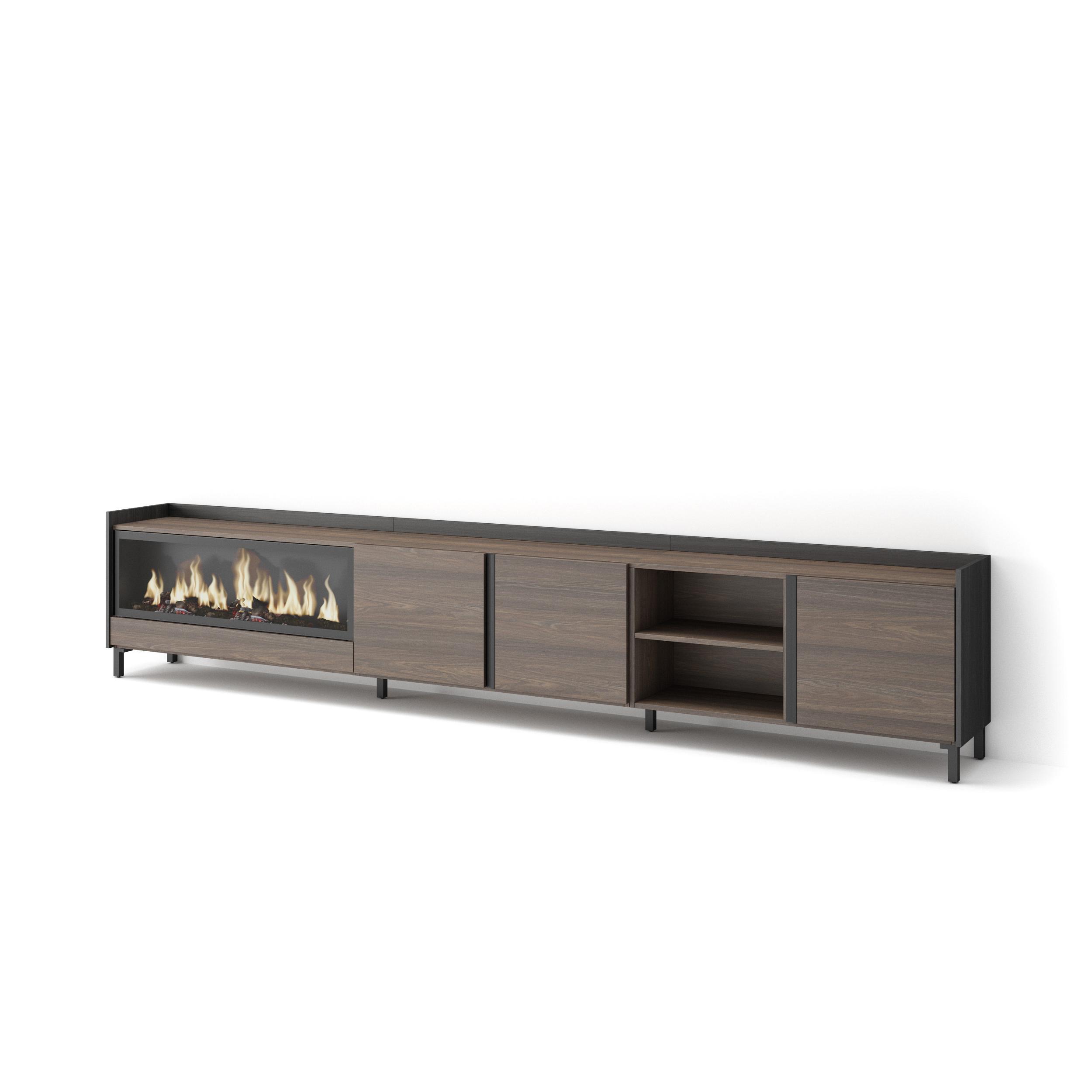 LOWBOARD, Eiche und Schwarz, 315/35/61cm, Kamin mit Feuereffekt XXL - Dunkelbraun, Holzwerkstoff (315/61/35cm) - Skraut Home