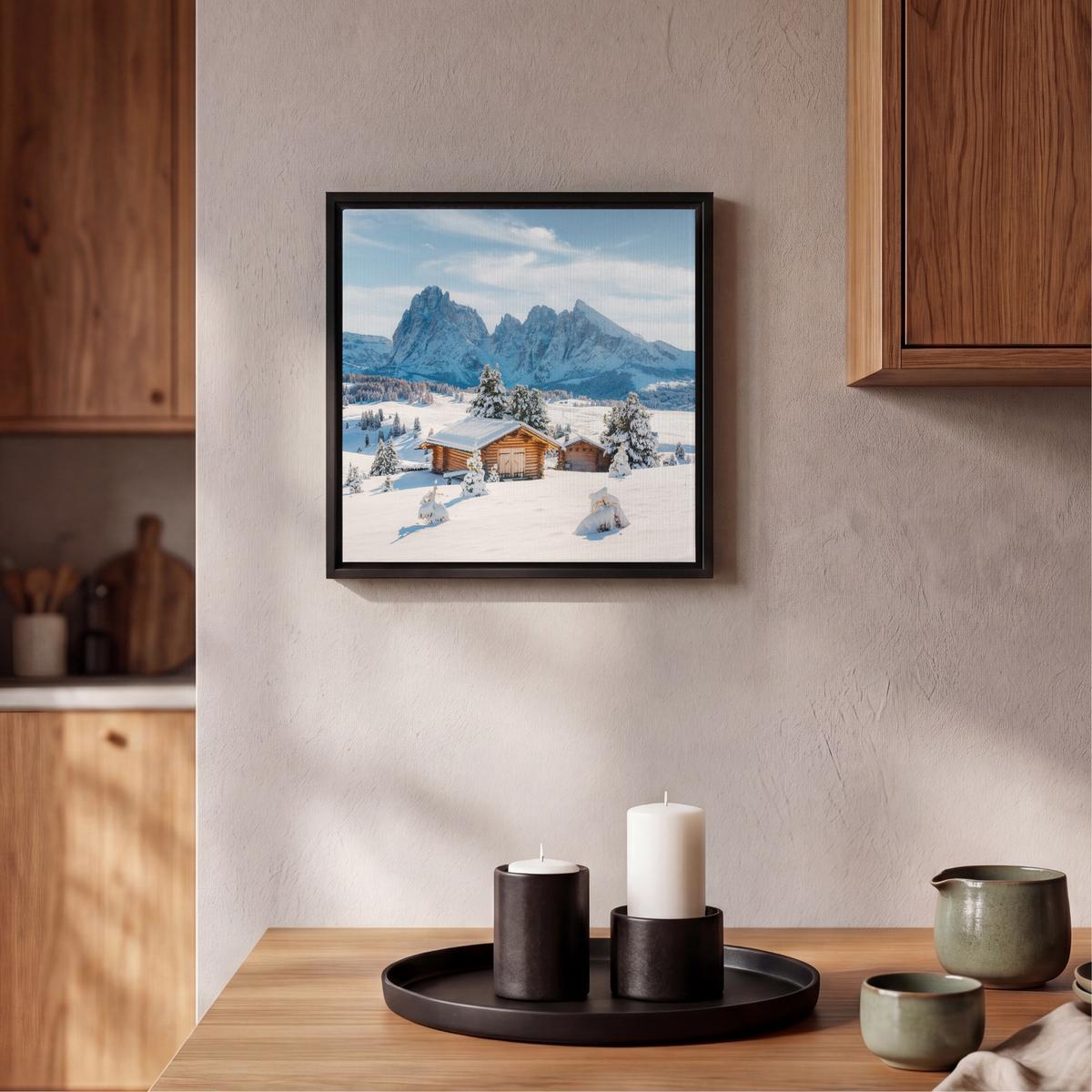 LEINWAND Bilder mit Rahmen - Winter - Hütte - Berge - Aussicht - Schnee - 20x20 - Eichefarben, Textil (20/20cm) - MuchoWow