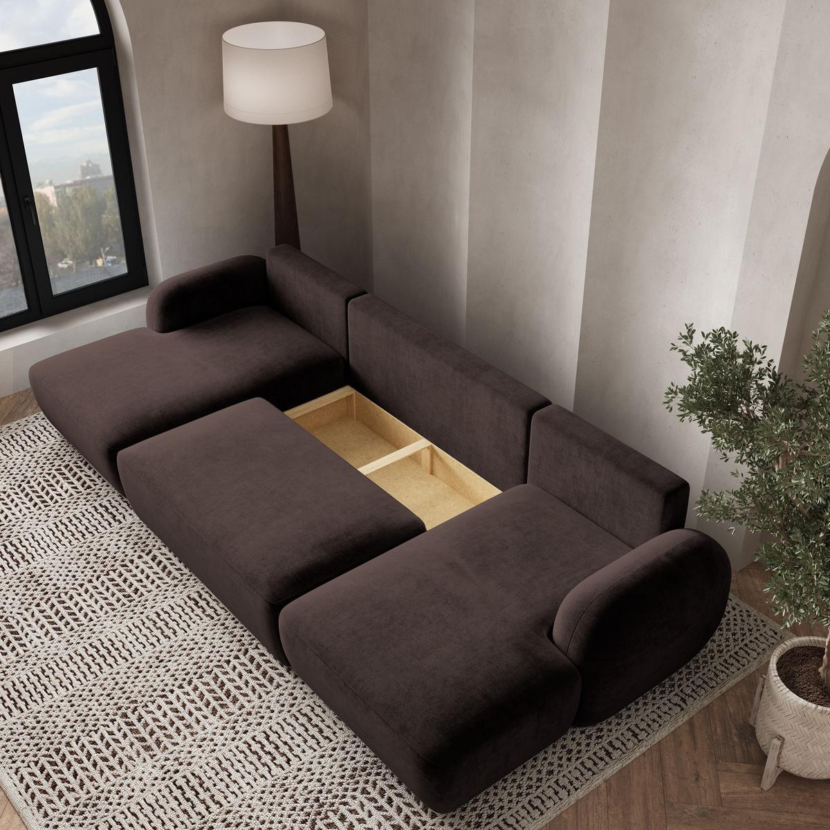 WOHNLANDSCHAFT SAVONA K Braun Plüsch-Stoff mit Schlaffunktion - Schwarz/Braun, Holz/Kunststoff (320/90/148cm) - MASSENO