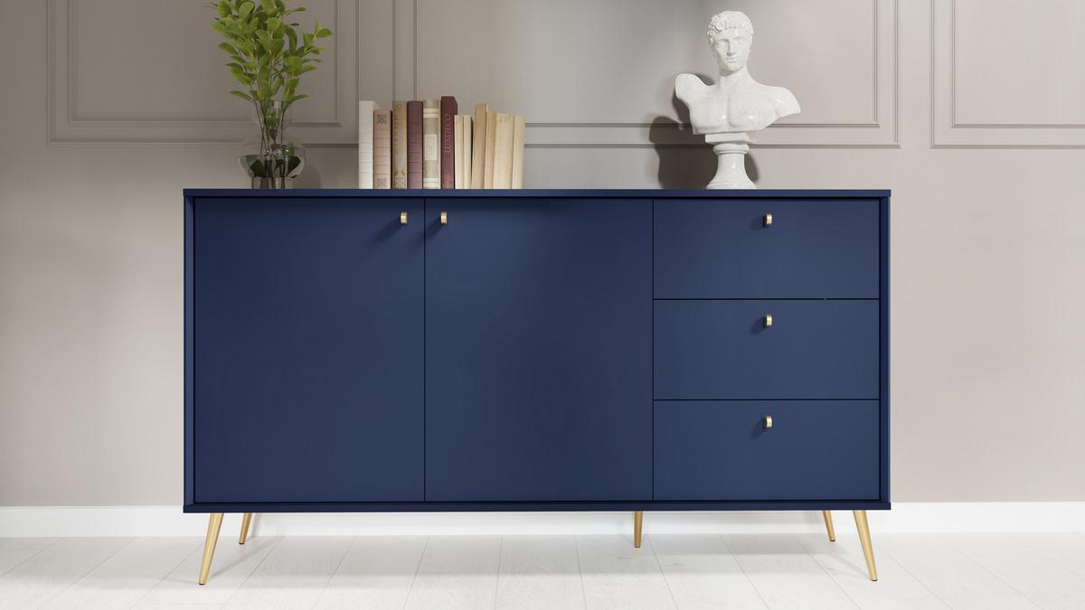 KOMMODE SFERA 156,2/89,2/40,5cm mit 3 Schubladen 2 Türen Blau - Blau, Holzwerkstoff (156.2/89.2/40.5cm) - MASSENO
