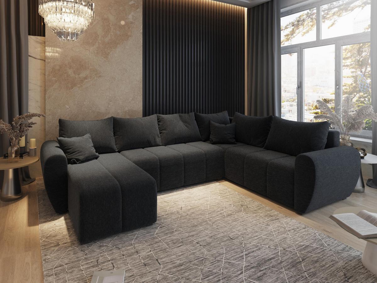 WOHNLANDSCHAFT MADISON XL R-S Schwarz Dünner Stoff mit Schlaffunktion - Schwarz, Holz/Kunststoff (303/82/208cm) - MASSENO