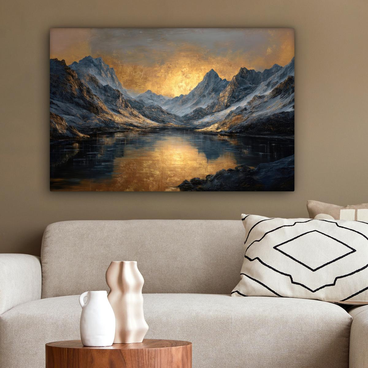 LEINWANDBILD Bergkulisse mit goldenem Sonnenuntergang Gemälde 60x40 cm - Goldfarben, Textil (60/40cm) - MuchoWow