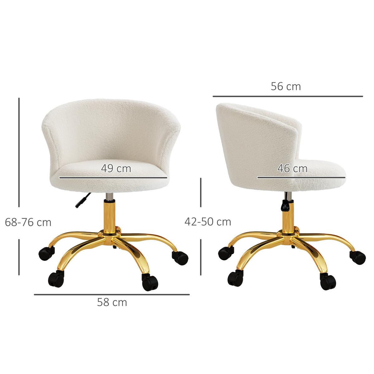 SCHREIBTISCHSTUHL, höhenverstellbarer Bürostuhl mit Teddy-Fleece-Optik Weiß - Goldfarben/Weiß, Textil/Metall (56/76/58cm) - Vinsetto