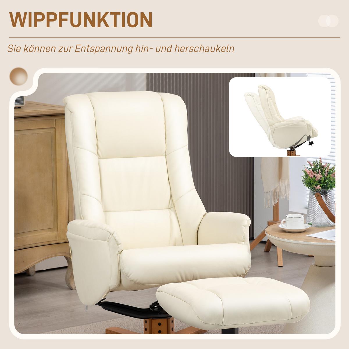 RELAXSESSEL mit Hocker, Fernsehsessel mit Liegefunktion, Wippfunktion, Schwarz - Gelb/Creme, Leder/Holz (84/102/71cm) - HOMCOM