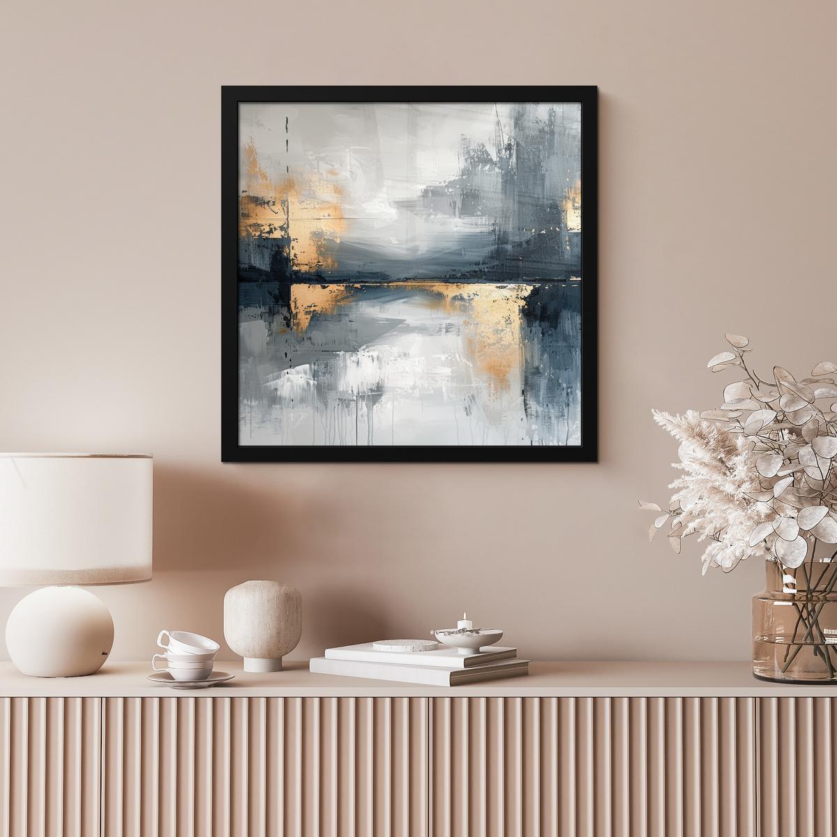POSTER MIT RAHMENGERAHMTES BILD Kunst - Grau - Gold - Abstrakt 40x40 cm - Dunkelgrau, Papier (40/40cm) - MuchoWow