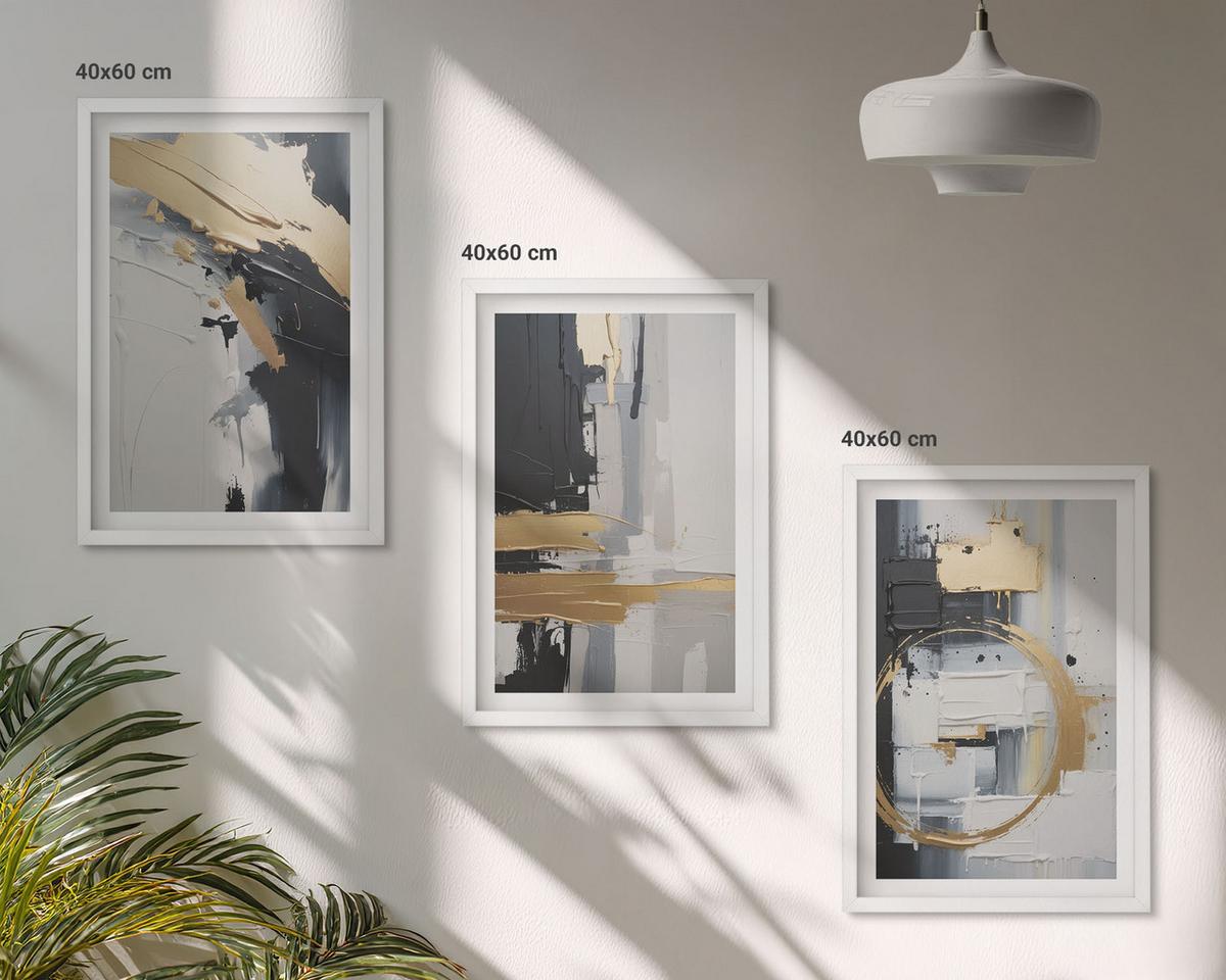 BILDER SET 3er Set - 40x60 cm Weißer Rahmen - Abstrakte Schwarz-Weiß-Malerei - Weiß, Kunststoff (40/60cm) - TULUP