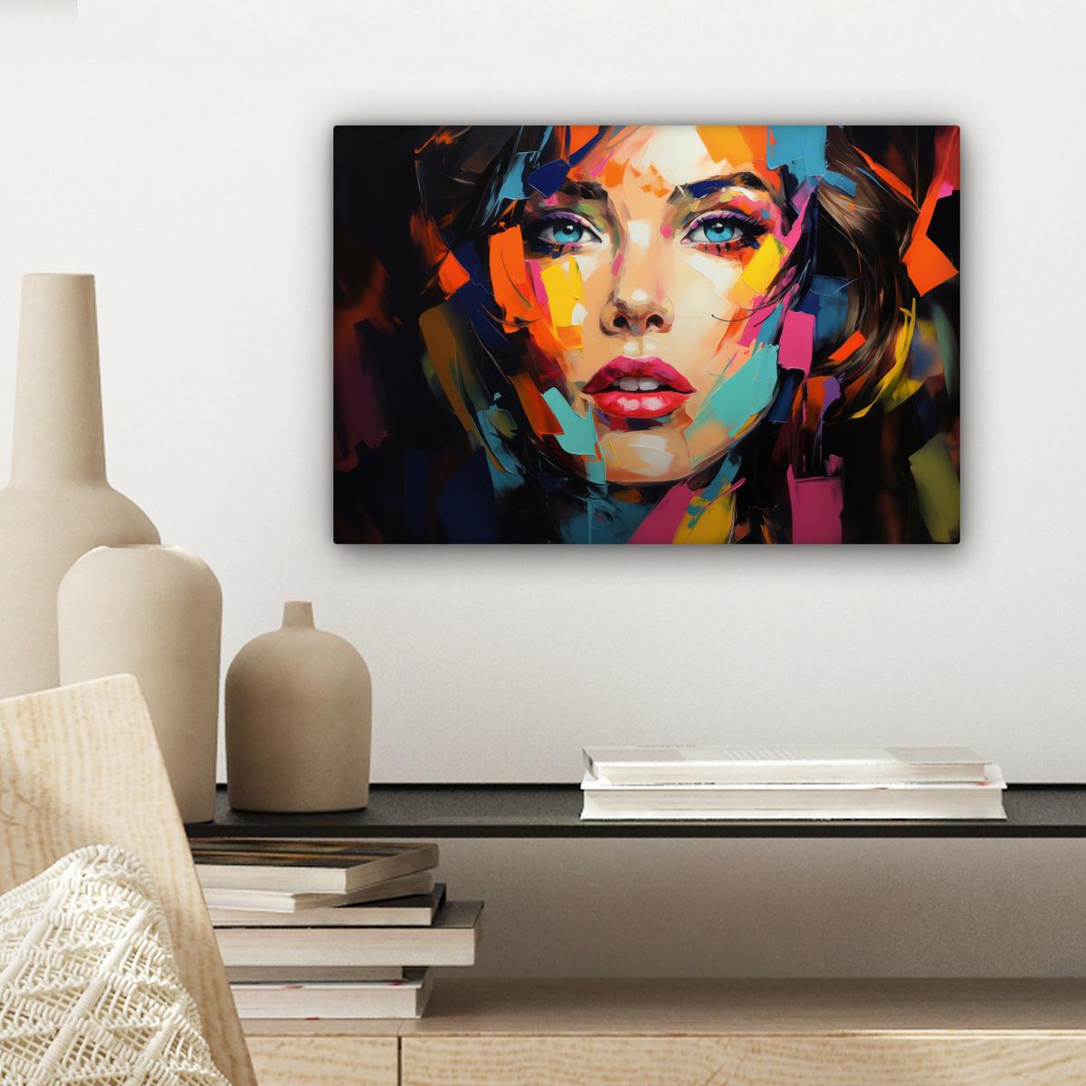 LEINWANDBILD Frau - Porträt - Farbenfroh - Kunst Deko Schlafzimmer 30x20 cm - Multicolor, Textil (30/20cm) - MuchoWow