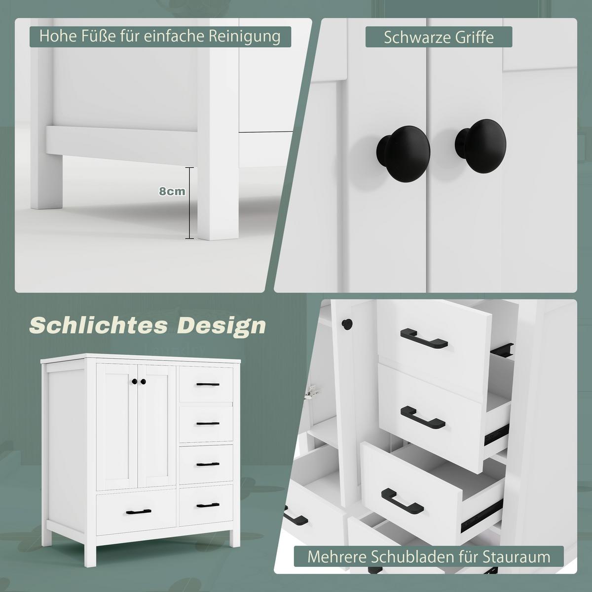 WASCHTISCH Freistehend Weiß mit Keramikbecken & 4 Schubladen - Weiß, Holzwerkstoff (76/82/46cm) - Urban Meuble