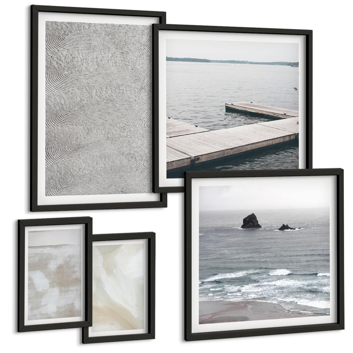 BILDER SET 5er Set - 50x50 cm & 20x30 cm & 40x60 cm Schwarzer Rahmen - Abstraktes Design, moderne Texturen - Schwarz, Kunststoff (40/60cm) - TULUP