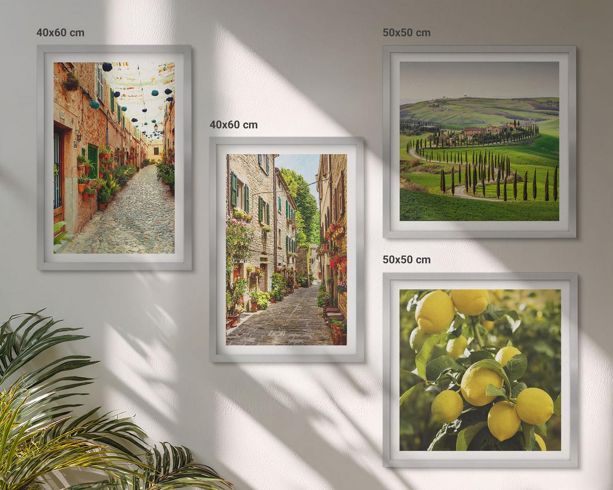 BILDER SET 4er Set - 50x50 cm & 40x60 cm Silberner Rahmen - Bezaubernde Straßen voller Zitronenblüten - Silberfarben, Kunststoff (50/50cm) - TULUP
