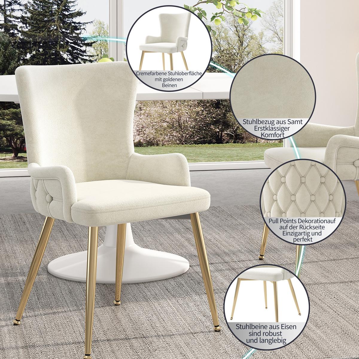 ESSTISCH SET mit 4 Stühlen, Weißer Marmoroptik und Goldenes Gestell - Beige, Holzwerkstoff/Textil (80/76/80cm) - Urban Meuble