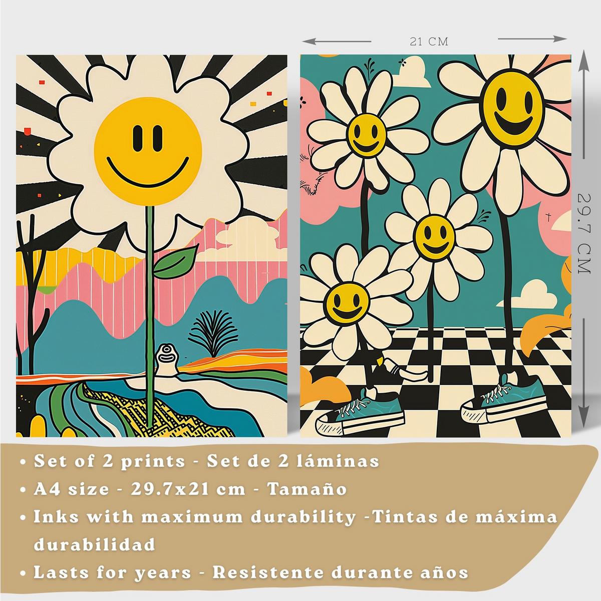 POSTER 4er Kunstdruck-Set Wandbilder Smiley Blume modern Wohnzimmer Deko, Schlafzimmer, Küche, Badezimmer Leichter Holzrahmen A4 - Beige, Papier (29.7/1/21cm) - Nacnic