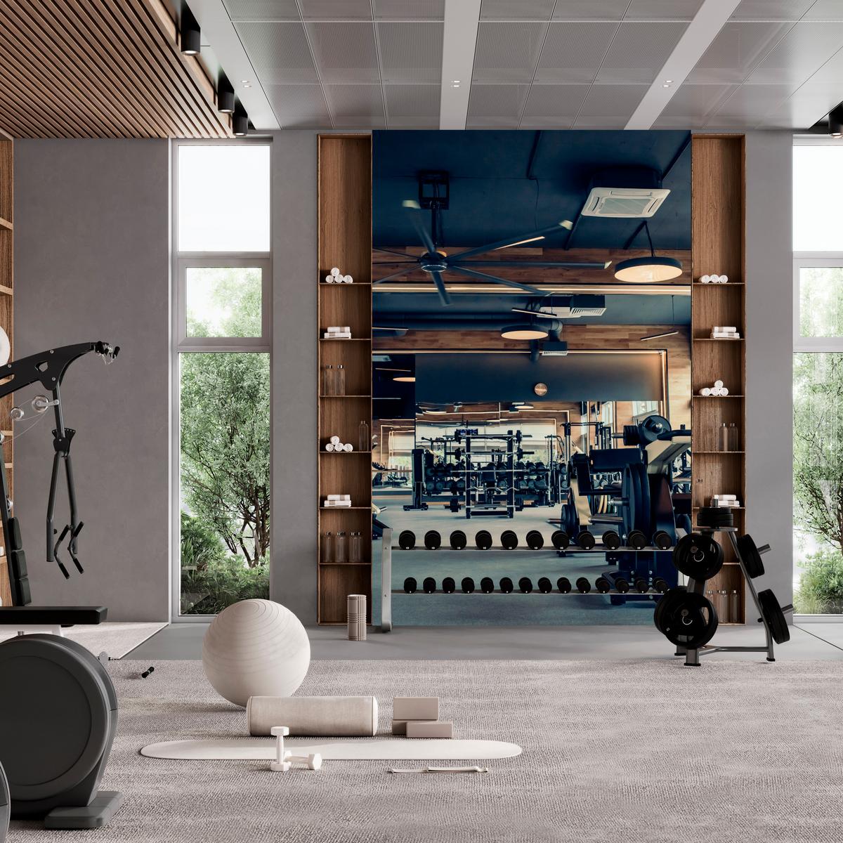 FOTOTAPETE Modernes Fitnessstudio Trainingsgeräte Sport 200x140 - Schwarz/Braun, Papier (200/140cm) - Muralo