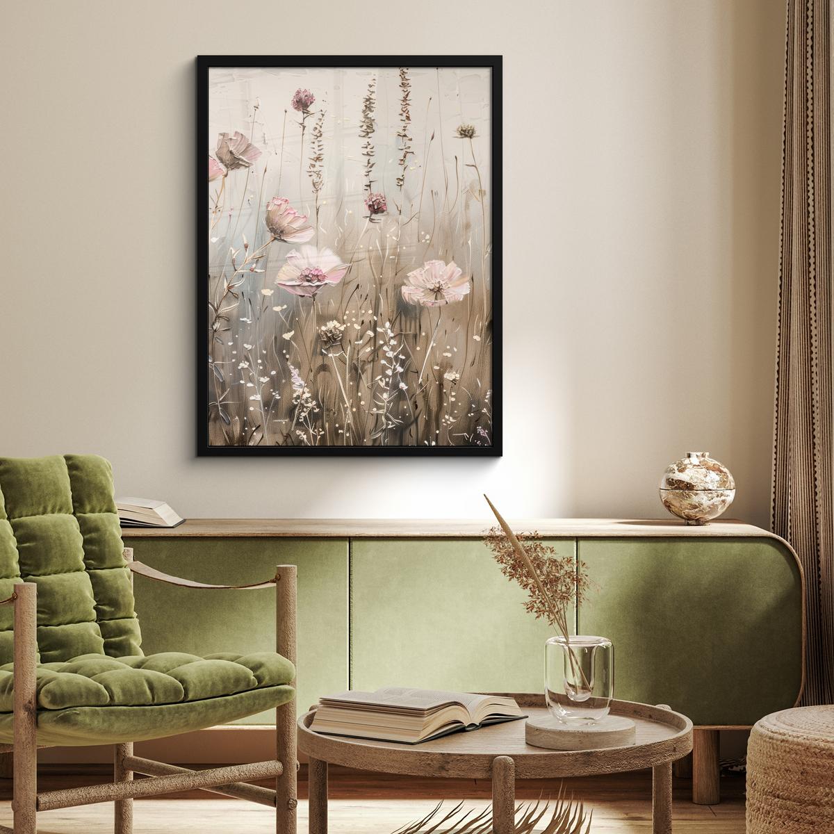 POSTER MIT RAHMEN Blumen - Rosa - Modern - Beige Posterleiste 60x80 cm - Beige, Papier (60/80cm) - MuchoWow