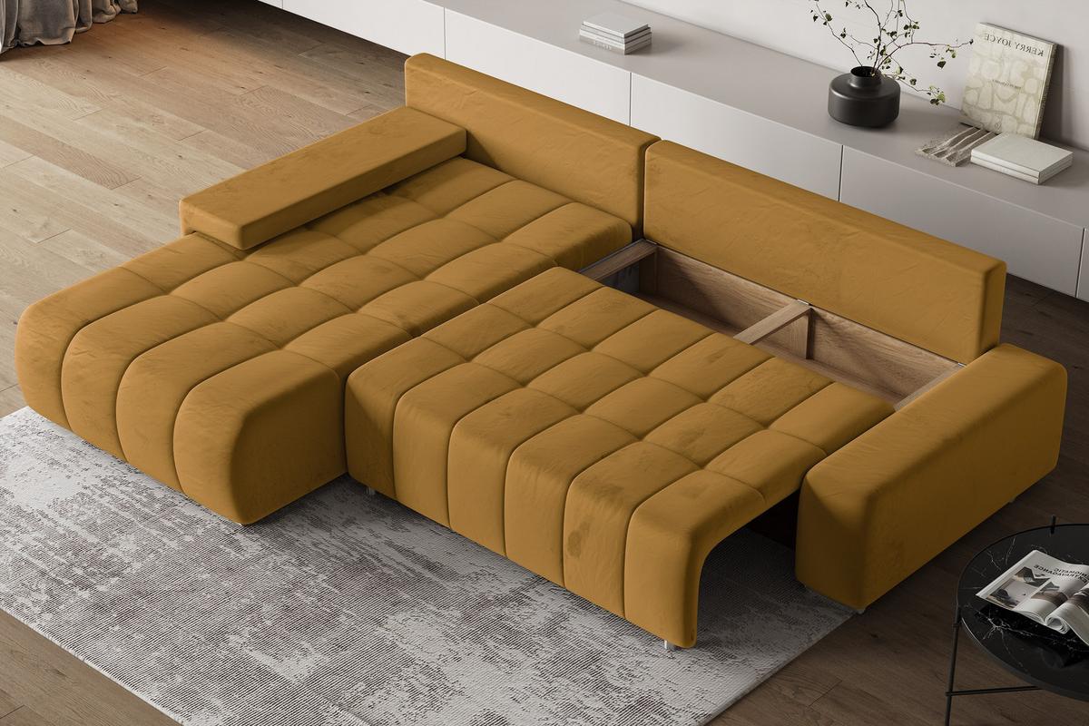 ECKSOFA ALESE L-S Gelb Velours-Stoff mit Schlaffunktion - Gelb/Silberfarben, Holz/Textil (265/185cm) - MASSENO