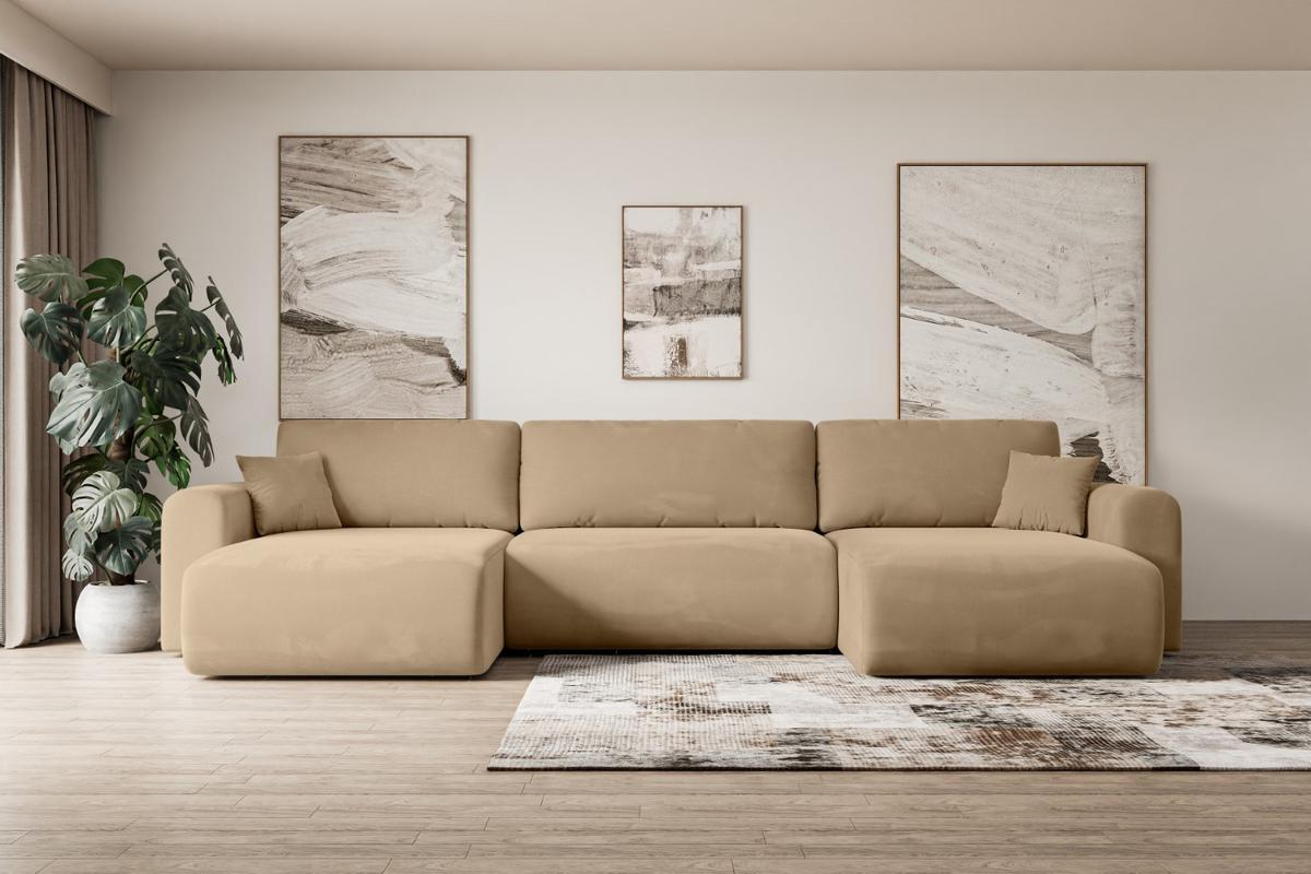 WOHNLANDSCHAFT mit Schlaffunktion und Bettkasten ORRO-U - 362x145x83 cm Beige Velours - Beige/Schwarz, Holzwerkstoff/Kunststoff (362/83/145cm) - ALTDECOR