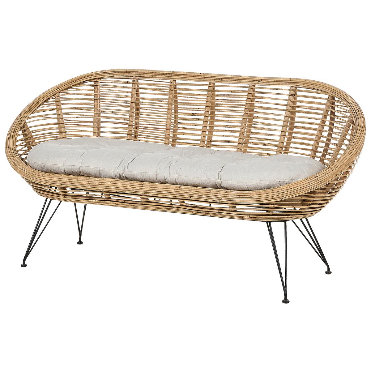 GARTENSOFA 2-Sitzer Rattan natürlich Auflage hellbeige Maratea - Beige/Schwarz, Naturmaterialien (165/87/64cm) - Beliani