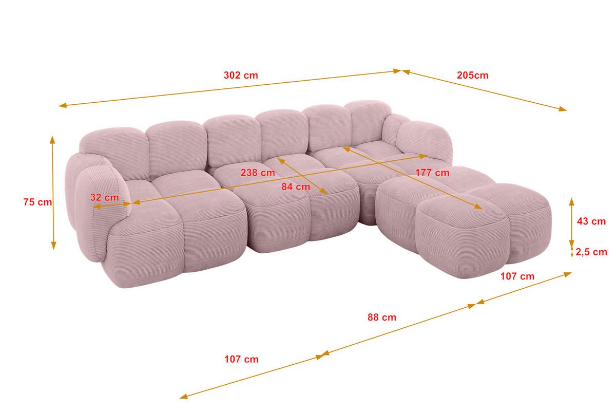 ECKSOFA modulares Sofa Rechts Miko-L2 302x205x75 Rosa Cord - Schwarz/Rosa, Holzwerkstoff/Kunststoff (302/205cm) - ALTDECOR