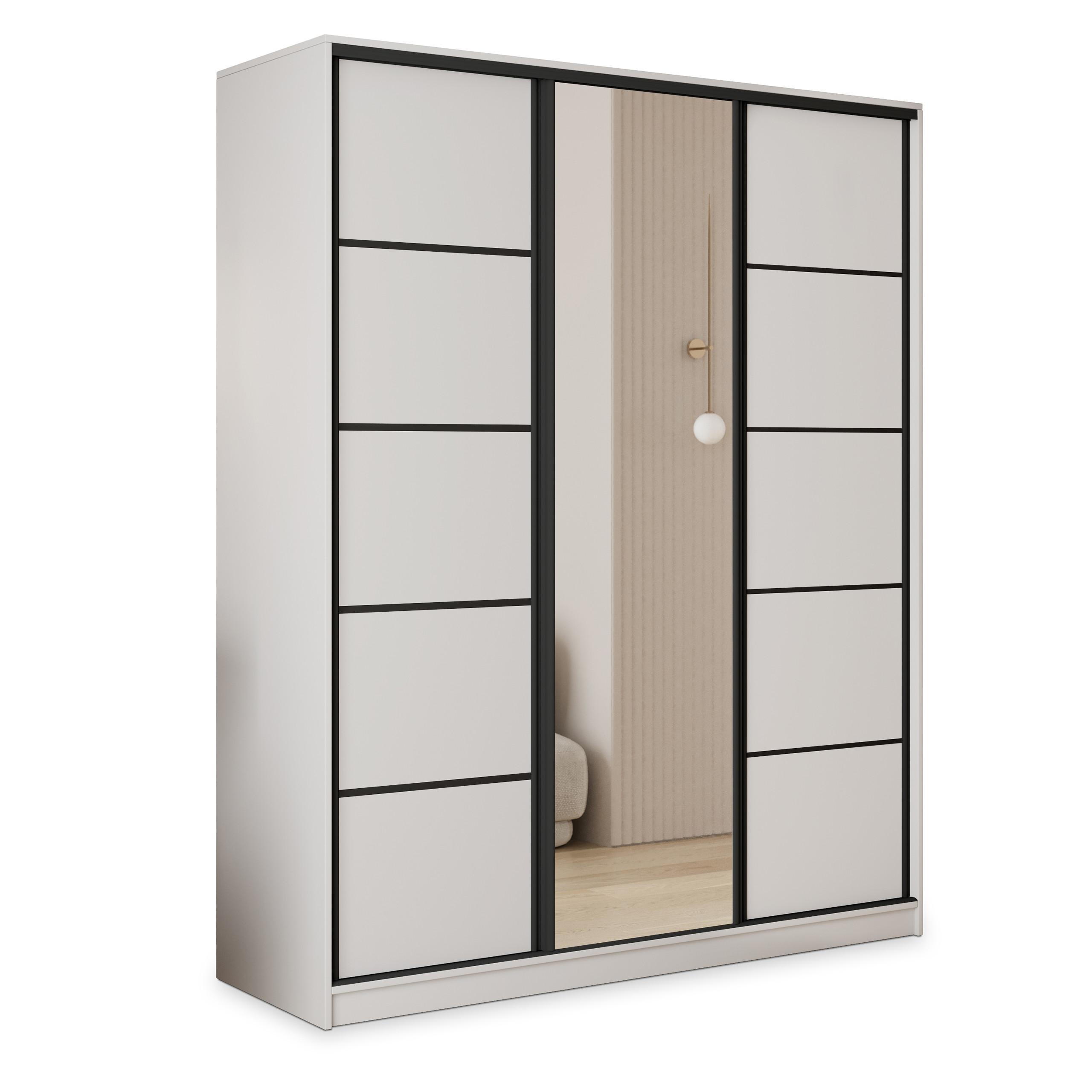 SCHWEBETÜRENSCHRANK PINA 150/205/58 cm 3-türig mit Spiegel und Schubladen Weiß - Schwarz/Weiß, Holzwerkstoff (150/205/58cm) - MASSENO