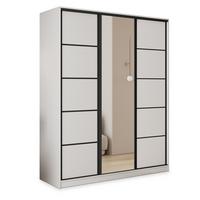 SCHWEBETÜRENSCHRANK PINA 150/205/58 cm 3-türig mit Spiegel und Schubladen Weiß - Schwarz/Weiß, Holzwerkstoff (150/205/58cm) - MASSENO