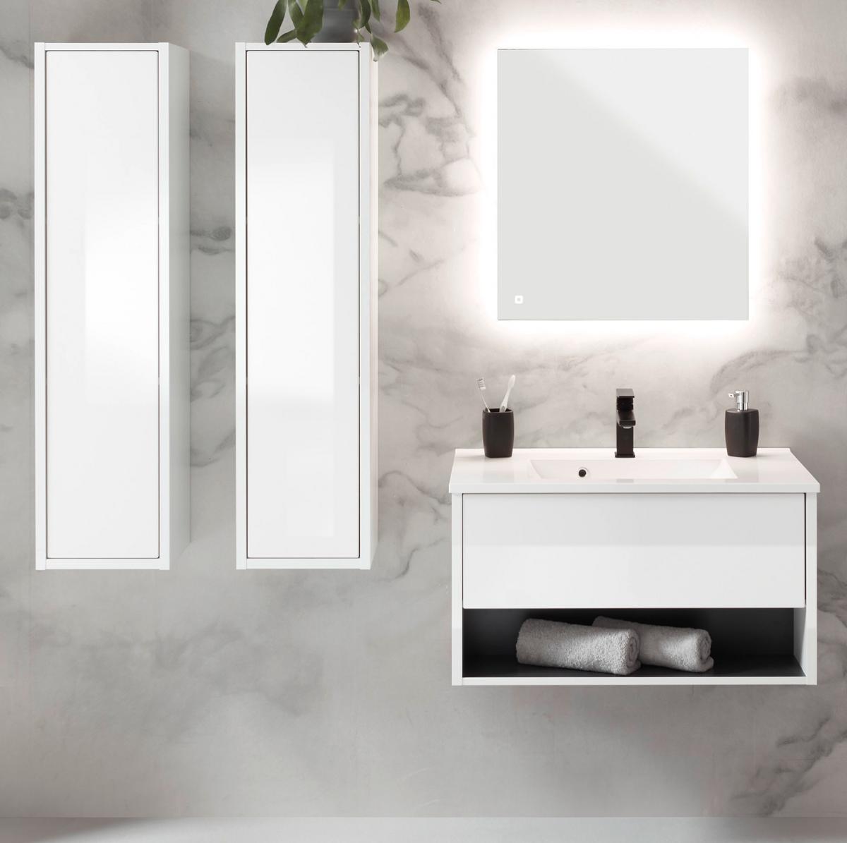 BADMÖBEL Set in weiß Hochglanz und grau mit Waschbecken und LED Beleuchtung 160 x 190 cm Glide - Weiß Hochglanz/Grau, Glas/Holzwerkstoff (160/190/47cm) - Furn.Design