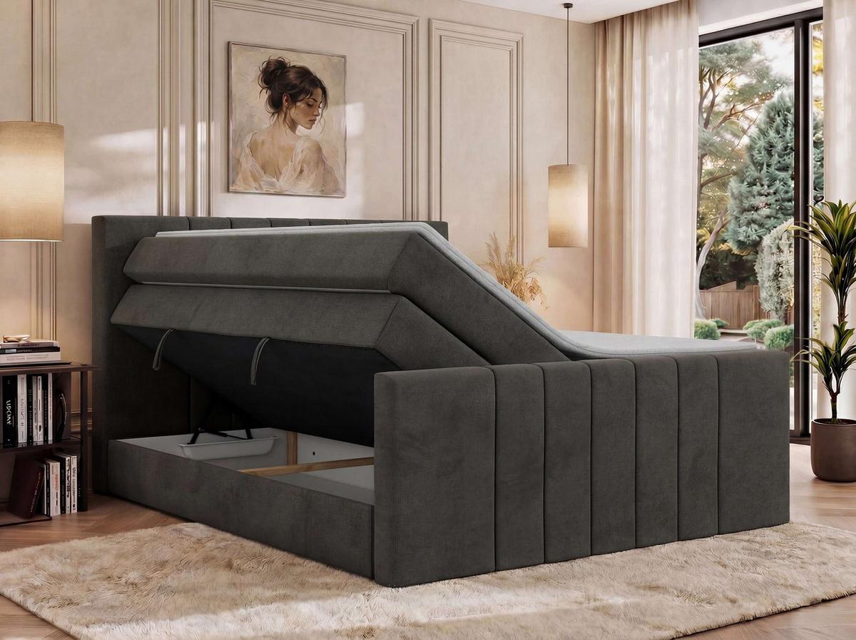 BOXSPRINGBETT INERO DUO KING 140/200 - Dunkelgrau Velvet - Topper Visco - H3 - Dunkelgrau/Schwarz, Kunststoff/Textil (140/200cm) - MKS