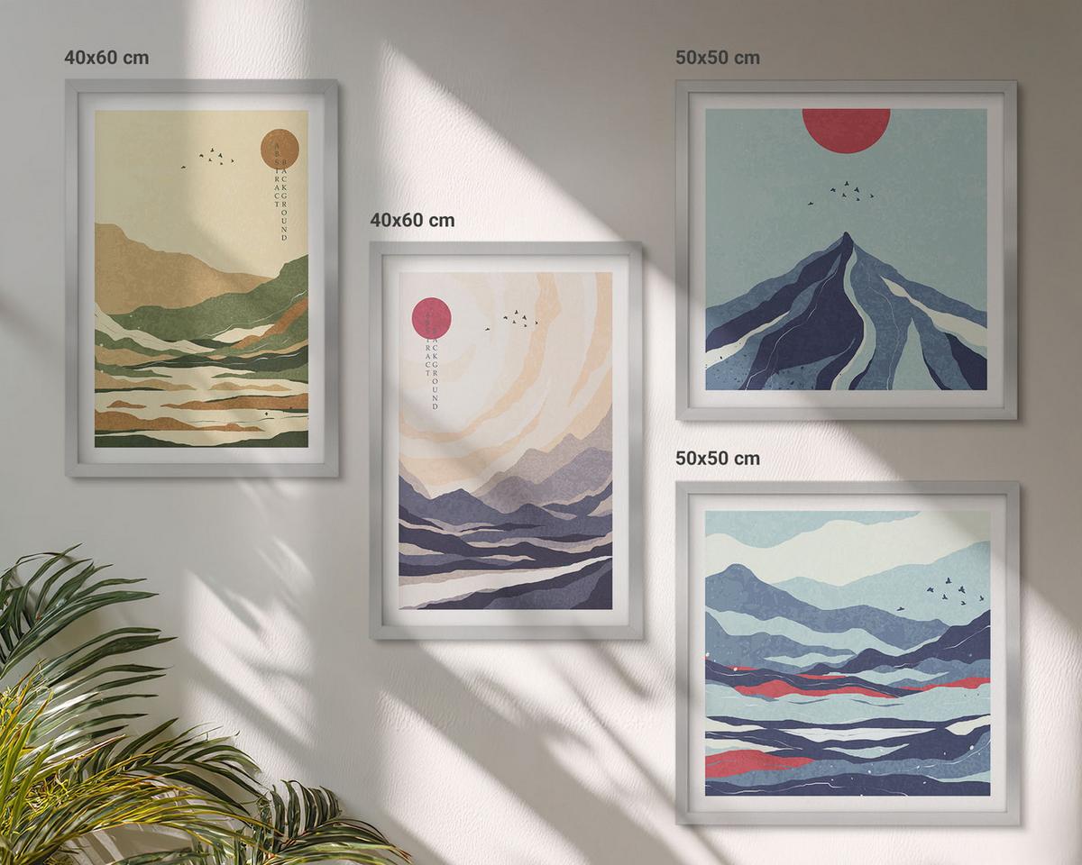 BILDER SET 4er Set - 50x50 cm & 40x60 cm Silberner Rahmen - Pastellfarbene Berge im Japandi-Stil - Silberfarben, Kunststoff (50/50cm) - TULUP