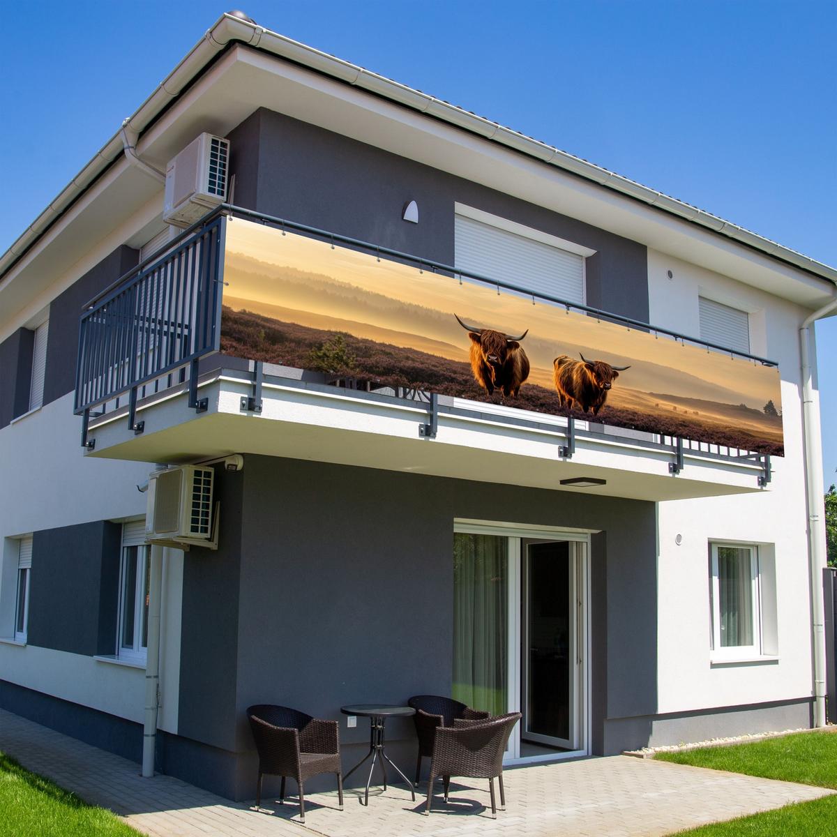 BALKON-SICHTSCHUTZ Schottische Hochlandbewohner - Heide - Landschaft - Tiere Deko XXL 500x100 cm - Cognac, Kunststoff (500/100cm) - MuchoWow