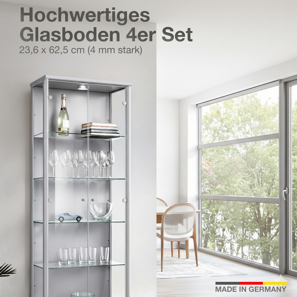 GLASBODEN 4er Set 23,6/62,5/0,4 cm für Standvitrinen 2-türig Erweiterungsset - Schwarz, Glas (62.5/0.4/23.6cm) - K-Möbel