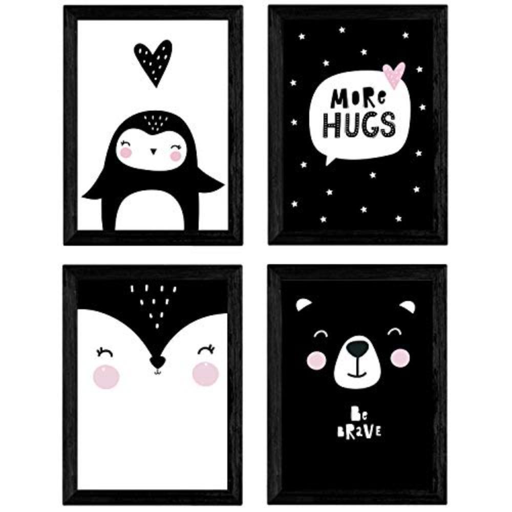POSTER Set mit 4 „Pinguino, Fuchs und Bär umarmt“ Tiere A3 Schwarzer Rahmen - Schwarz, Papier (29.7/3cm) - Nacnic