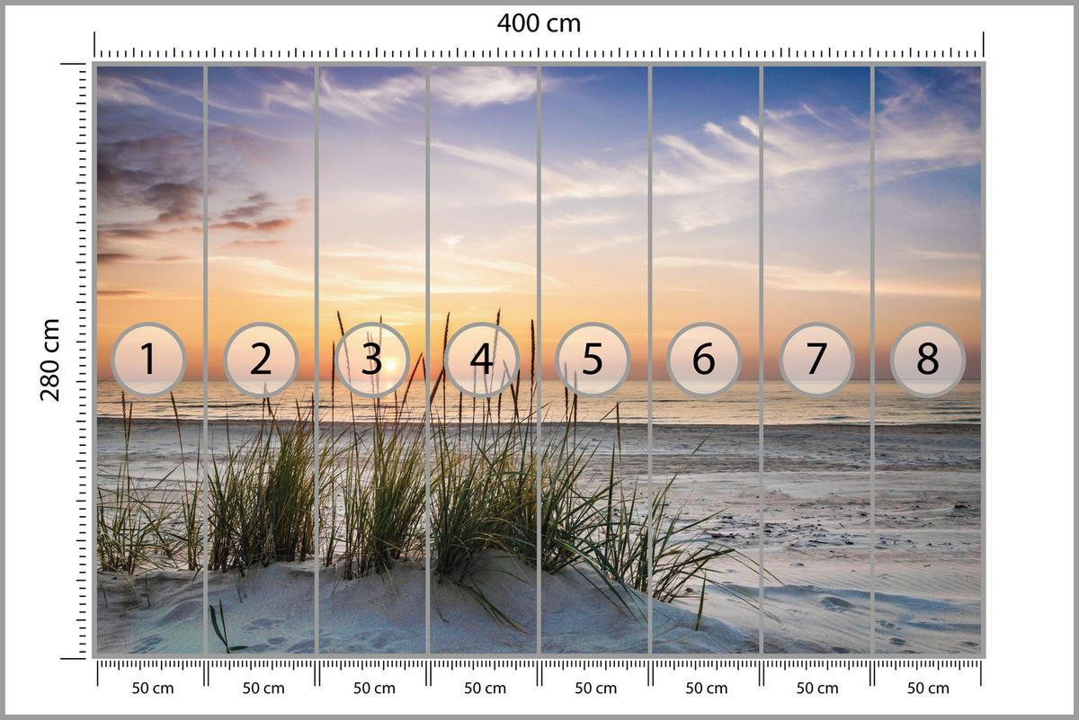 FOTOTAPETE Meer STRAND Dünen Sonnenuntergang Landschaft 3D 400x280cm - Beige/Violett, Papier (400/280cm) - Muralo